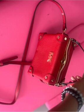 Michael Kors Red Pebbled Leather Crossbody Box Bag with Gold Hardware